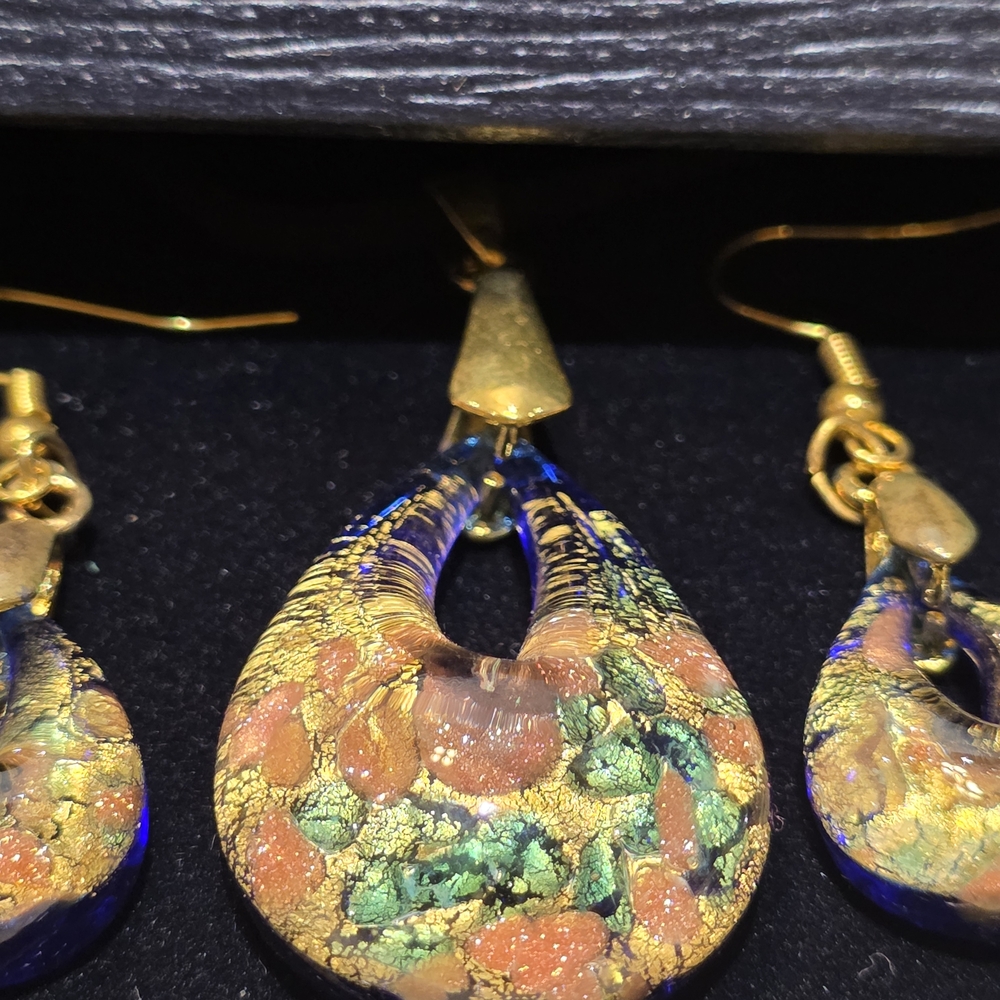 Multicolor Glass Teardrop Necklace Pendant with Gold Accents